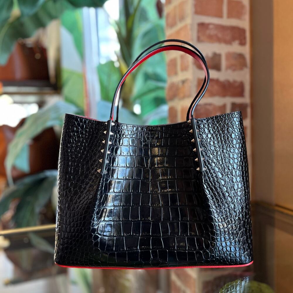 CHRISTIAN LOUBOUTIN Small Cabarock Black Crocodile-Embossed Calfskin Spiked Tote